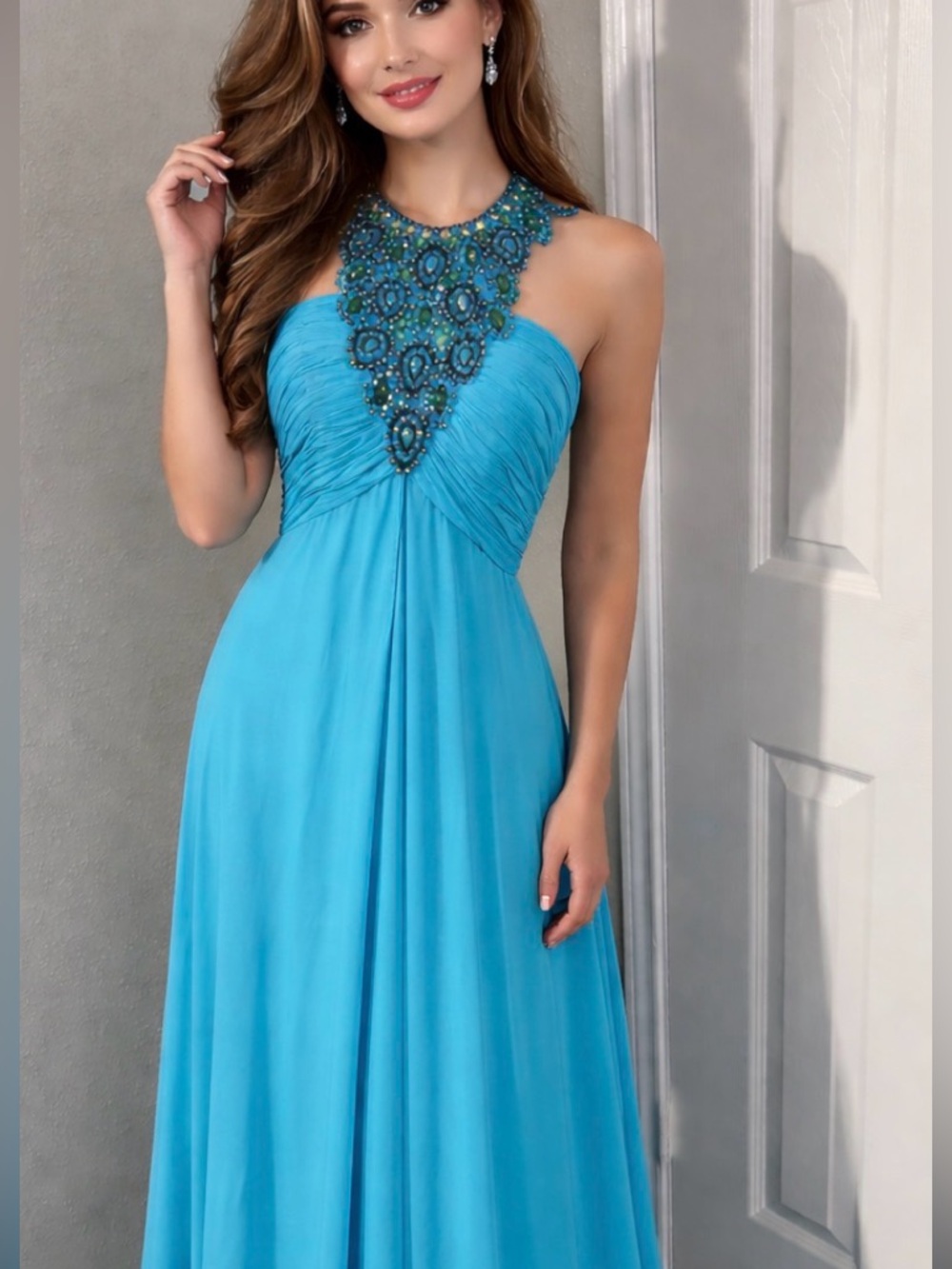 Elegant Turquoise Halter Evening Gown with Beaded Neckline Prom